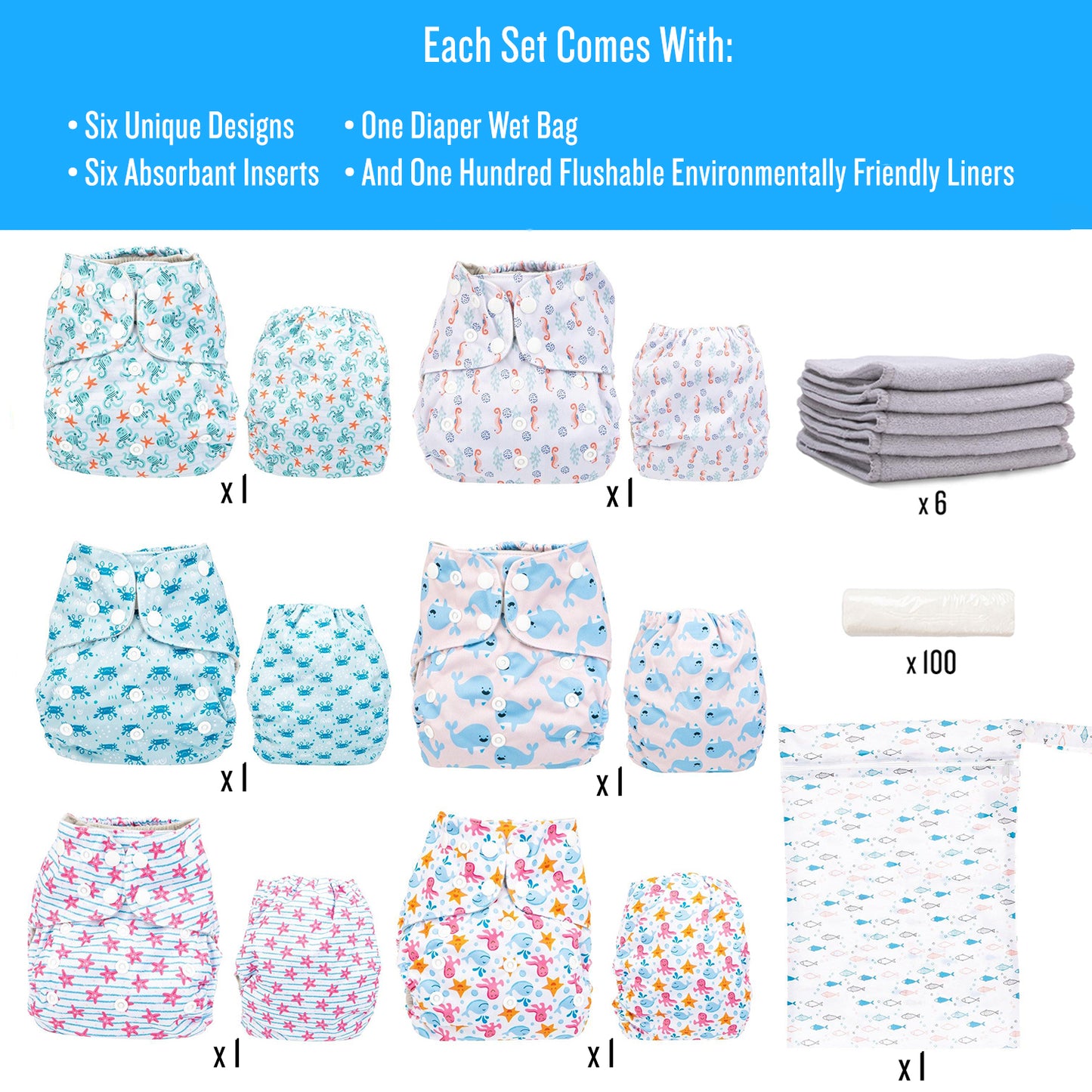The Simple 6 Value Pack With Wetbag (Ocean Animals)
